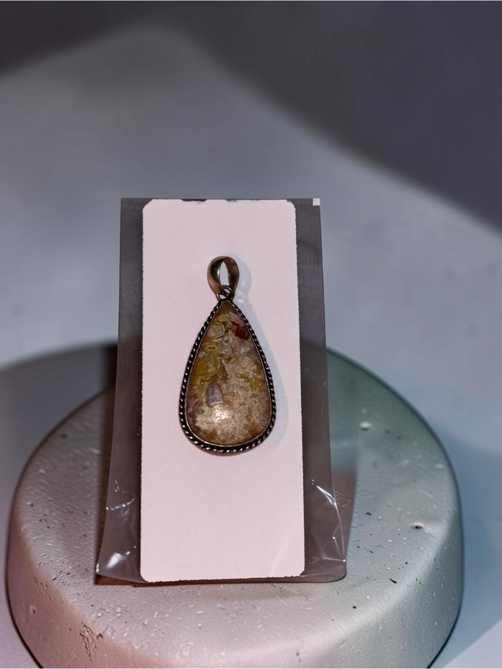 Teardrop Natural Stone Pendant Silver Tone Boho Southwestern Earth Tone